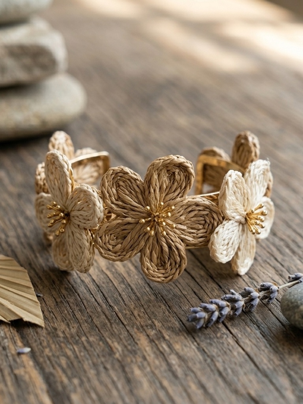 Woven Floral Cuff Bracelet in Tan & Cream